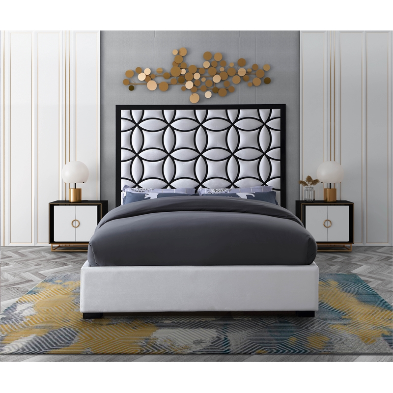 Meridian Furniture Taj White Velvet King Bed with Matte Black Steel Frame