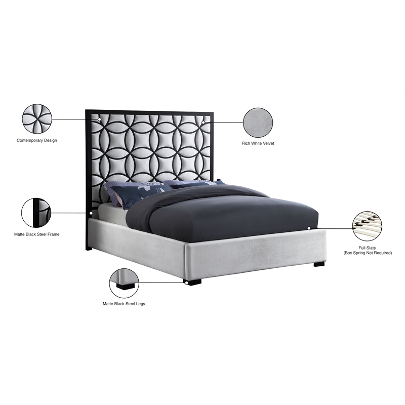 Meridian Furniture Taj White Velvet Queen Bed with Matte Black Steel Frame