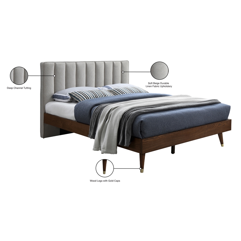 Meridian Furniture Vance Beige Durable Linen Fabric Queen Bed