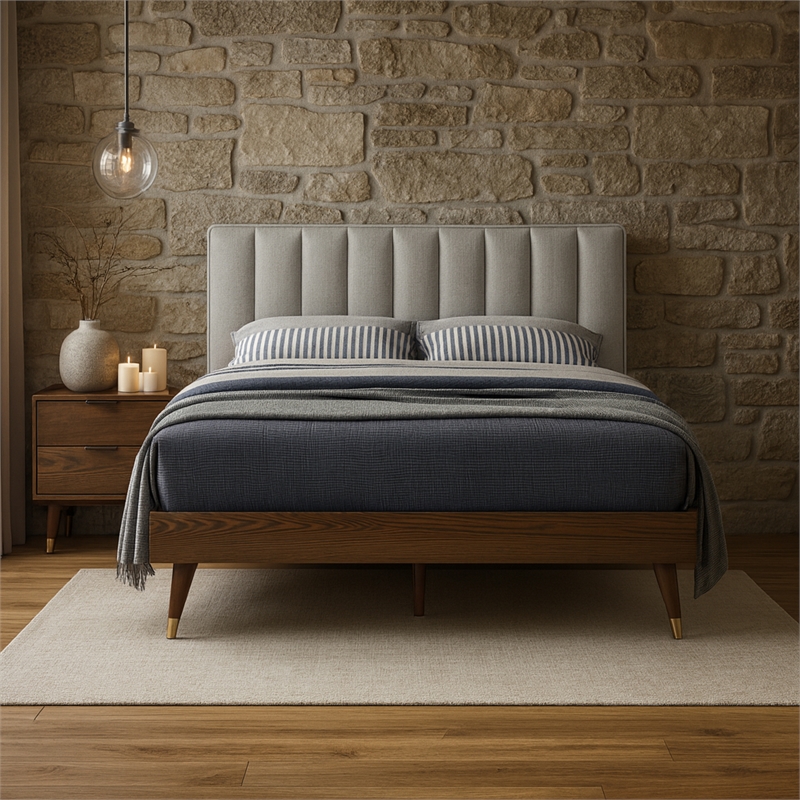 Meridian Furniture Vance Beige Durable Linen Fabric Queen Bed