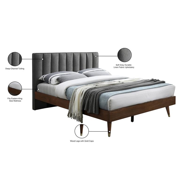 Meridian Furniture Vance Gray Durable Linen Fabric King Bed
