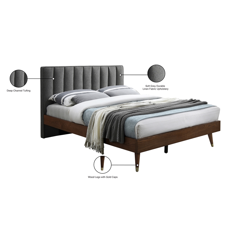 Meridian Furniture Vance Gray Durable Linen Fabric Queen Bed