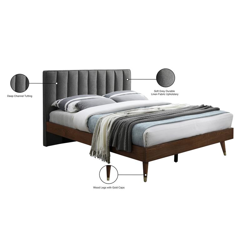 Meridian Furniture Vance Gray Durable Linen Fabric Queen Bed