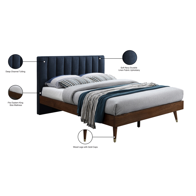 Meridian Furniture Vance Navy Durable Linen Fabric King Bed