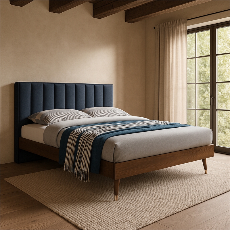 Meridian Furniture Vance Navy Durable Linen Fabric King Bed