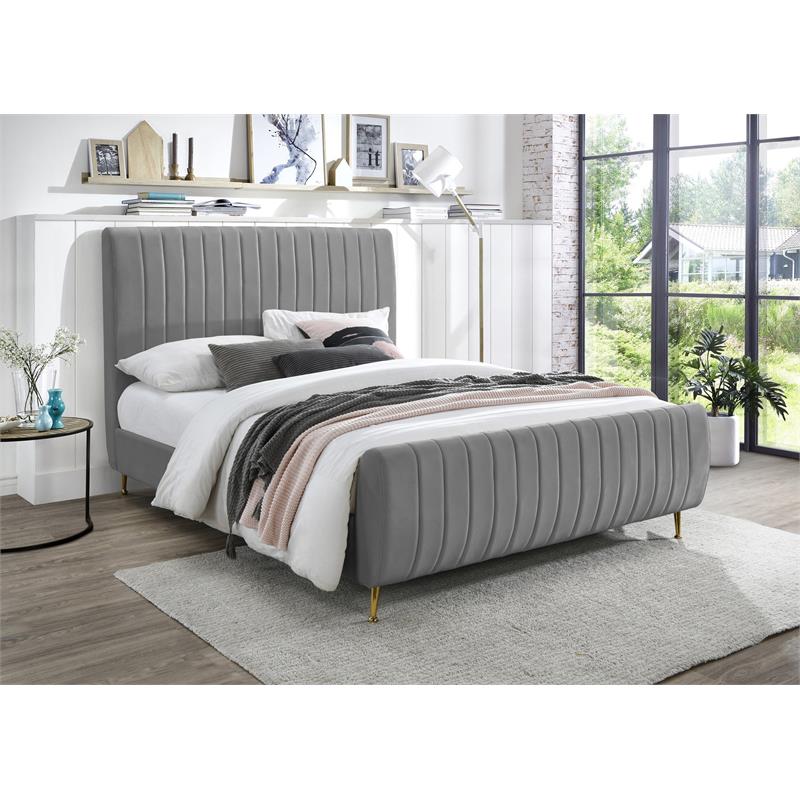 Meridian Furniture Zara Contemporary Gray Velvet Queen Bed