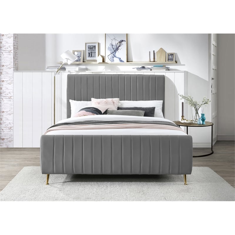 Meridian Furniture Zara Contemporary Gray Velvet Queen Bed