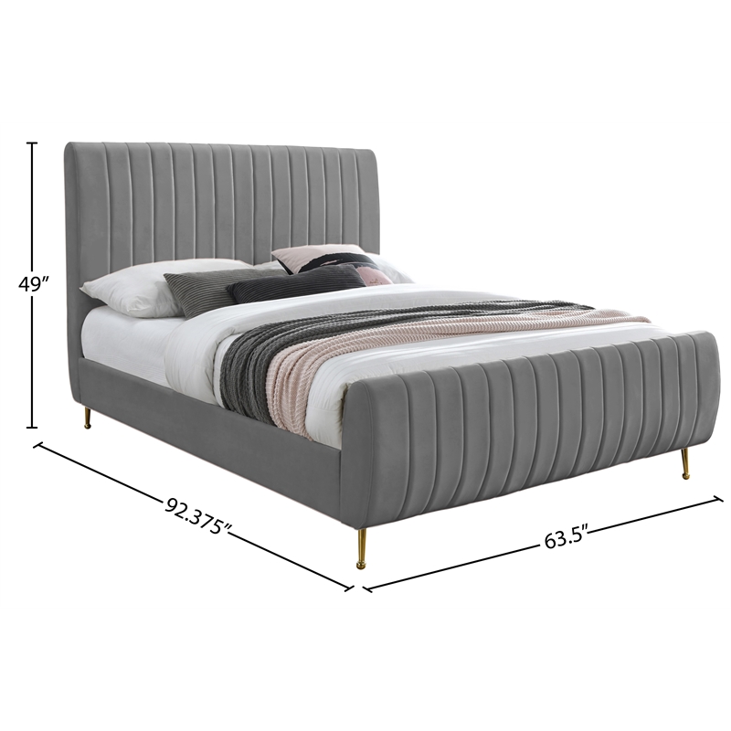 Meridian Furniture Zara Contemporary Gray Velvet Queen Bed