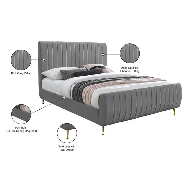 Meridian Furniture Zara Contemporary Gray Velvet Queen Bed
