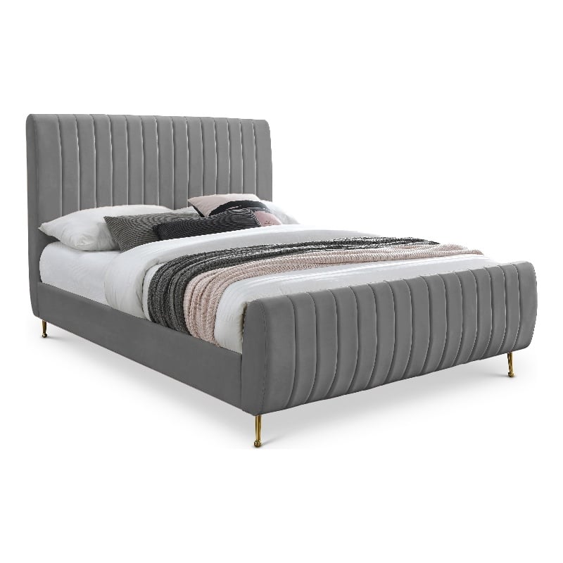 Meridian Furniture Zara Contemporary Gray Velvet Queen Bed