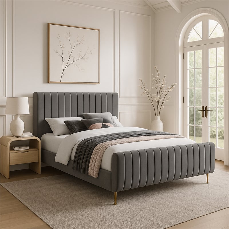 Meridian Furniture Zara Contemporary Gray Velvet Queen Bed