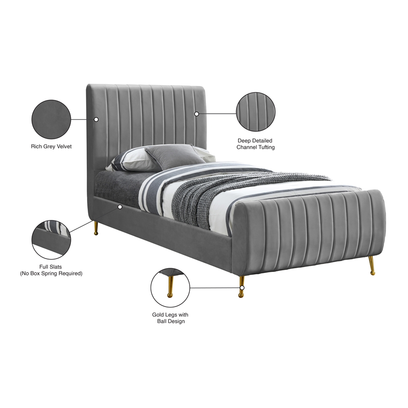 Meridian Furniture Zara Contemporary Gray Velvet Twin Bed