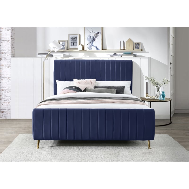 Meridian Furniture Zara Contemporary Navy Velvet Queen Bed
