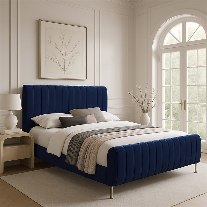 Meridian Furniture Zara Contemporary Navy Velvet Queen Bed
