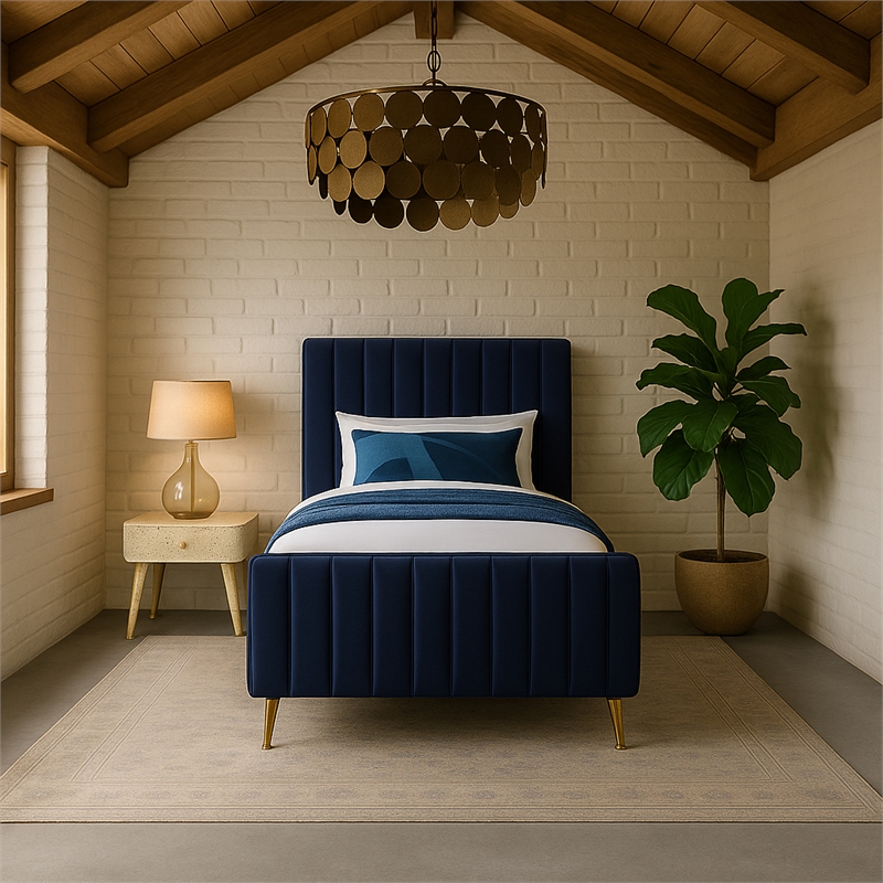 Meridian Furniture Zara Contemporary Navy Velvet Twin Bed
