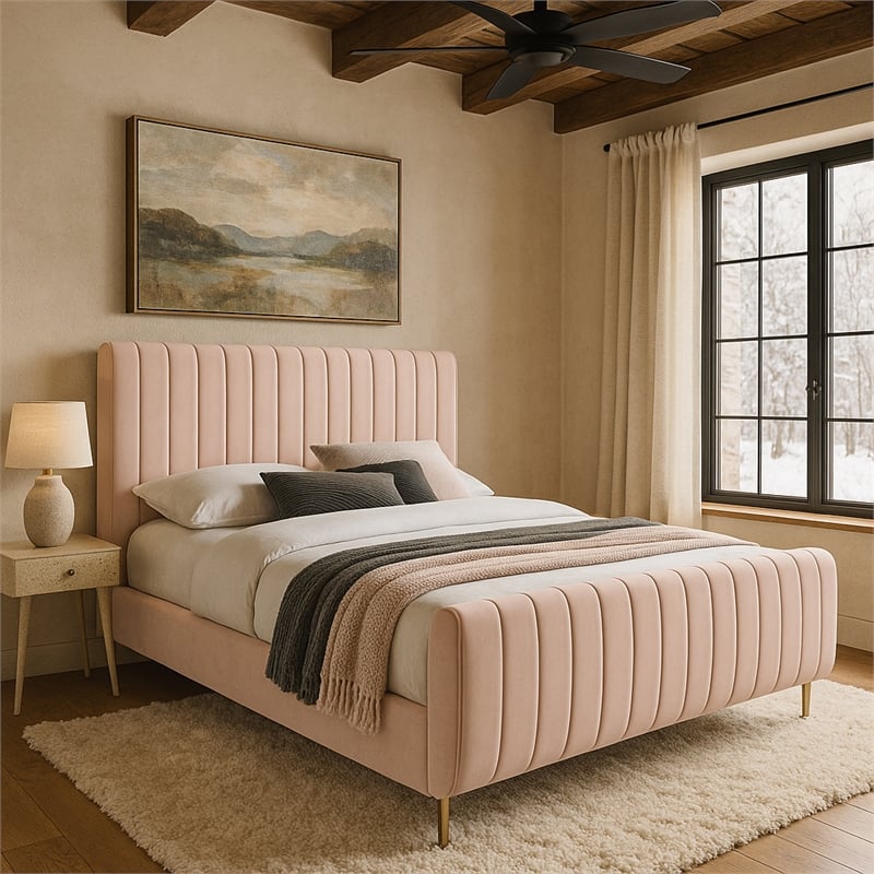 Meridian Furniture Zara Contemporary Pink Velvet Full Bed