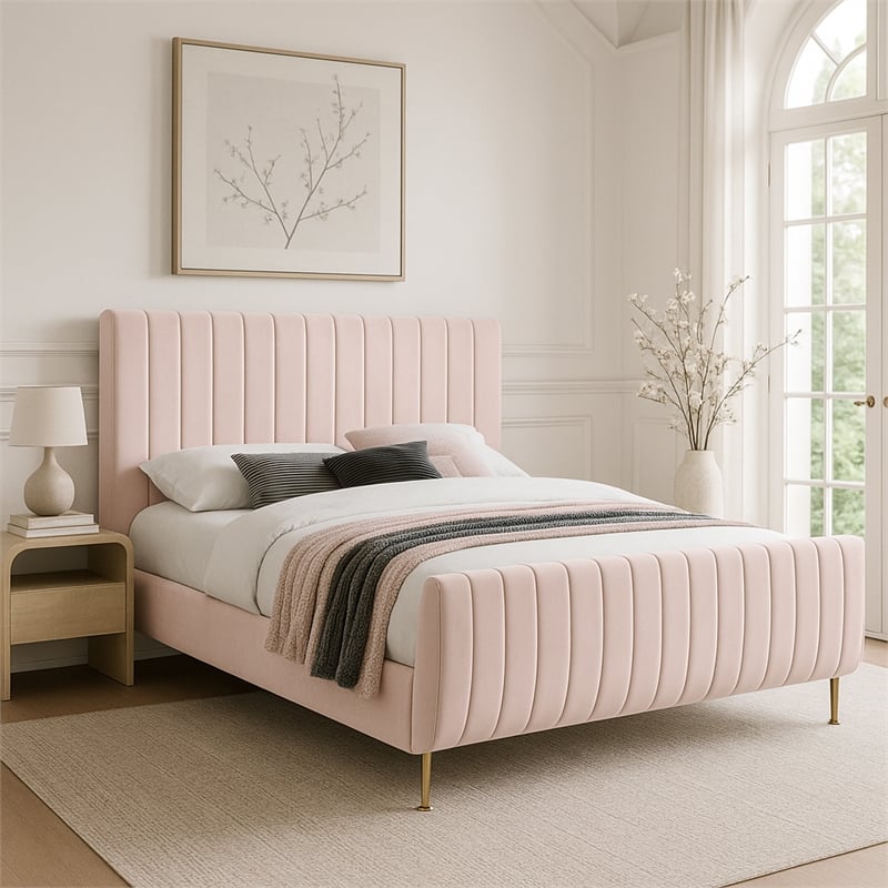 Meridian Furniture Zara Contemporary Pink Velvet Queen Bed