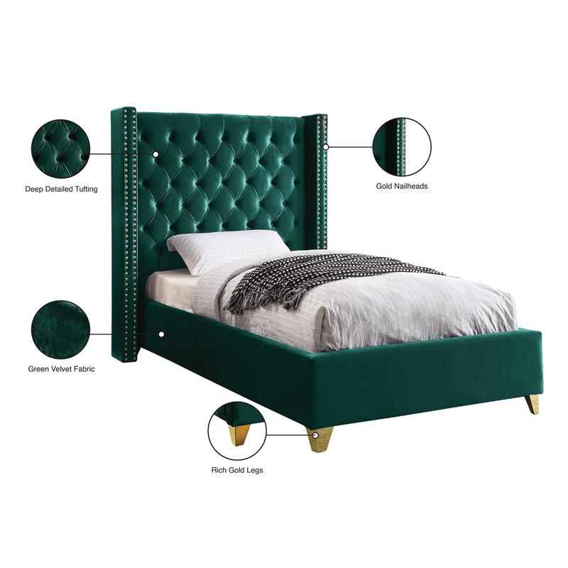 Meridian Furniture Barolo Green Velvet Twin Bed