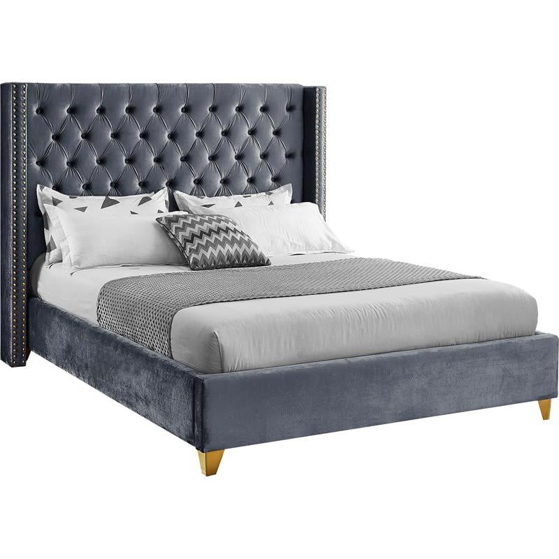 Meridian Furniture Barolo Gray Velvet Queen Bed