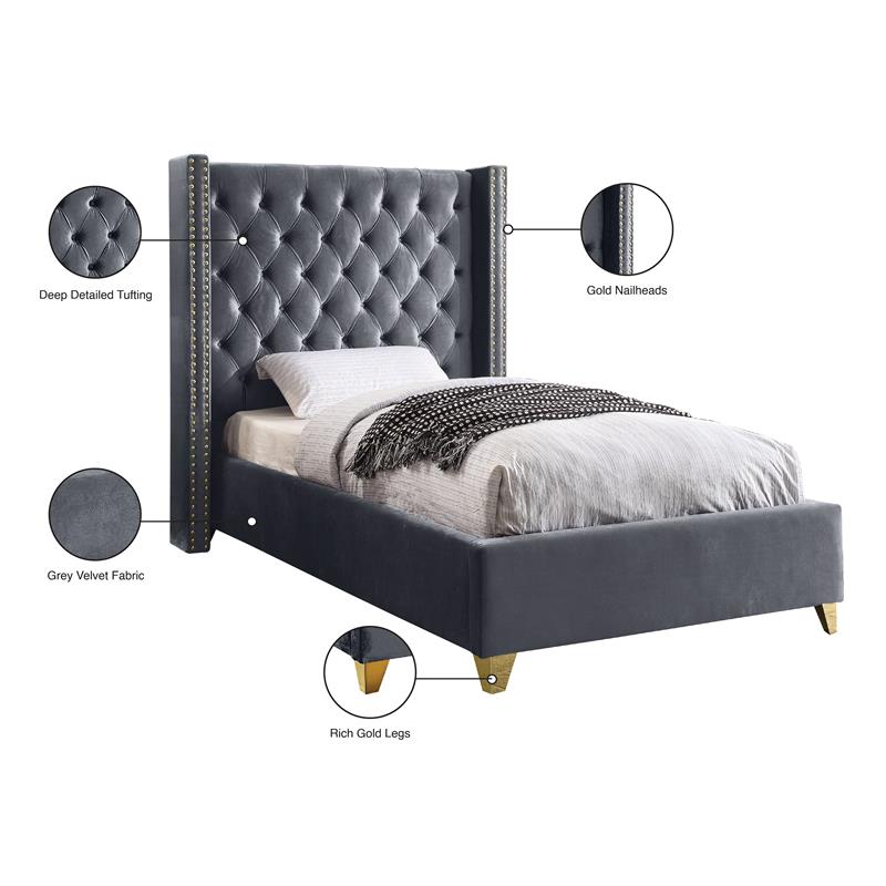 Meridian Furniture Barolo Gray Velvet Twin Bed