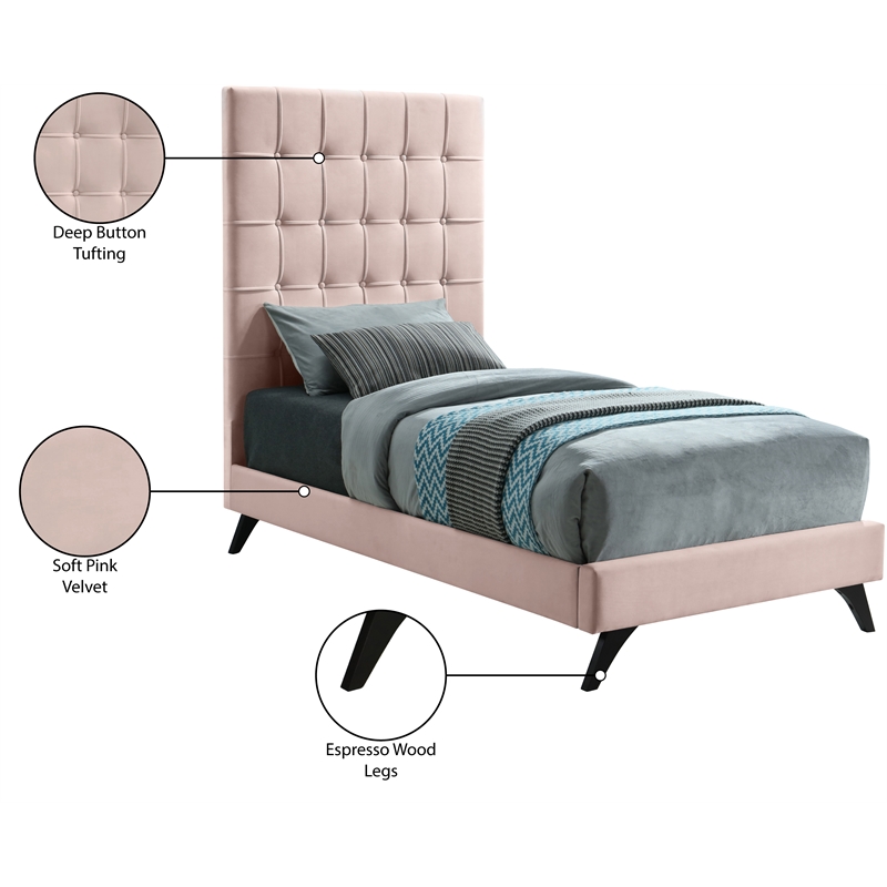 Meridian Furniture Elly Pink Velvet Twin Bed