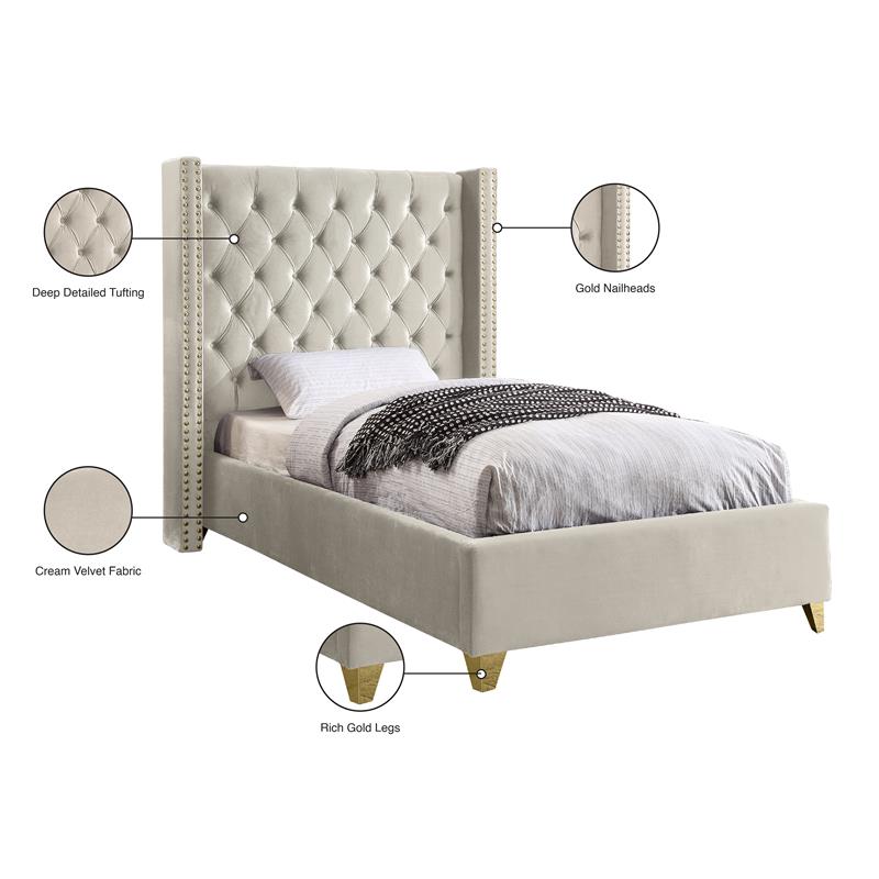 Meridian Furniture Barolo Cream Velvet Twin Bed