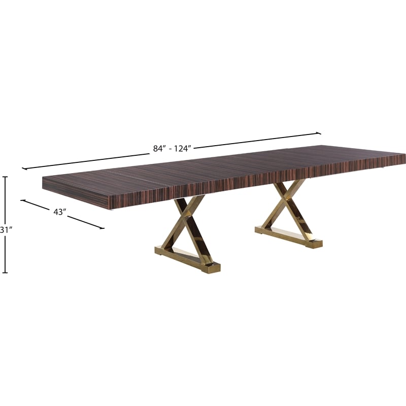 Meridian Furniture Excel Zebra Wood Lacquer Top Extendable 2 Leaf Dining Table