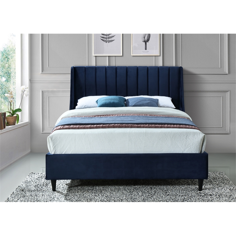 Meridian Furniture Eva Navy Velvet Upholstered Queen Bed