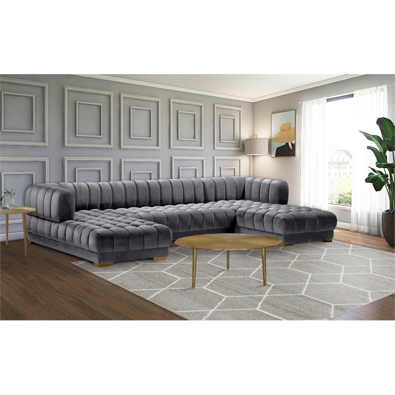 Meridian Furniture Gwen 3-Piece Velvet Upholstered Sectional in Gray/Gold-Chrome