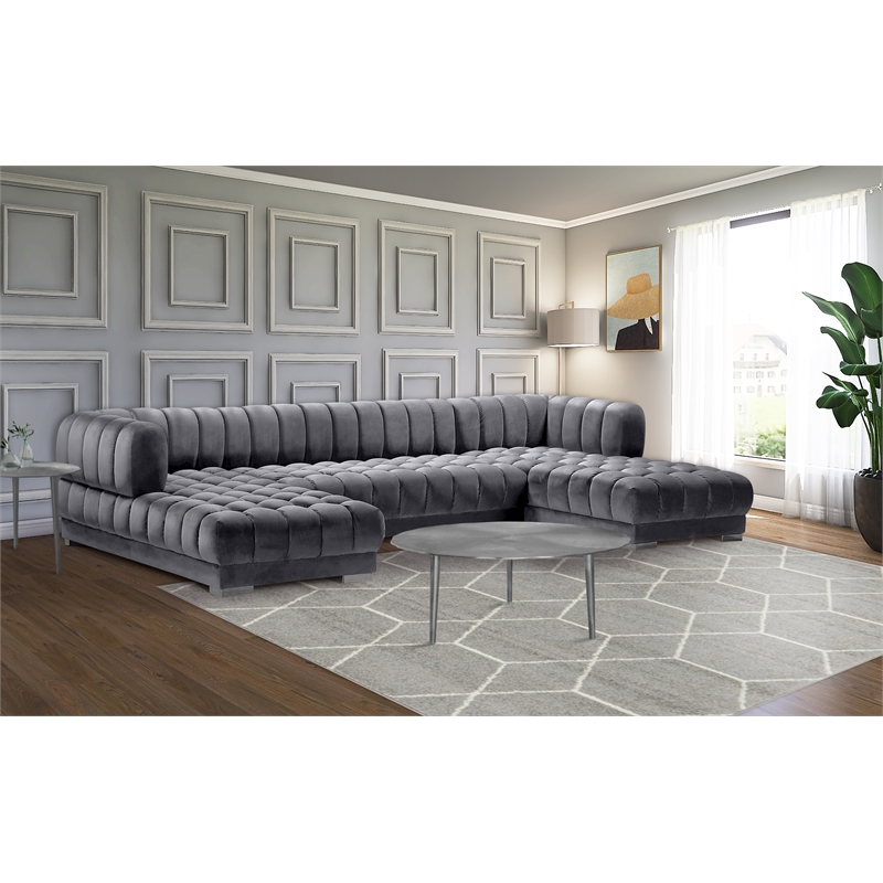 Meridian Furniture Gwen 3-Piece Velvet Upholstered Sectional in Gray/Gold-Chrome