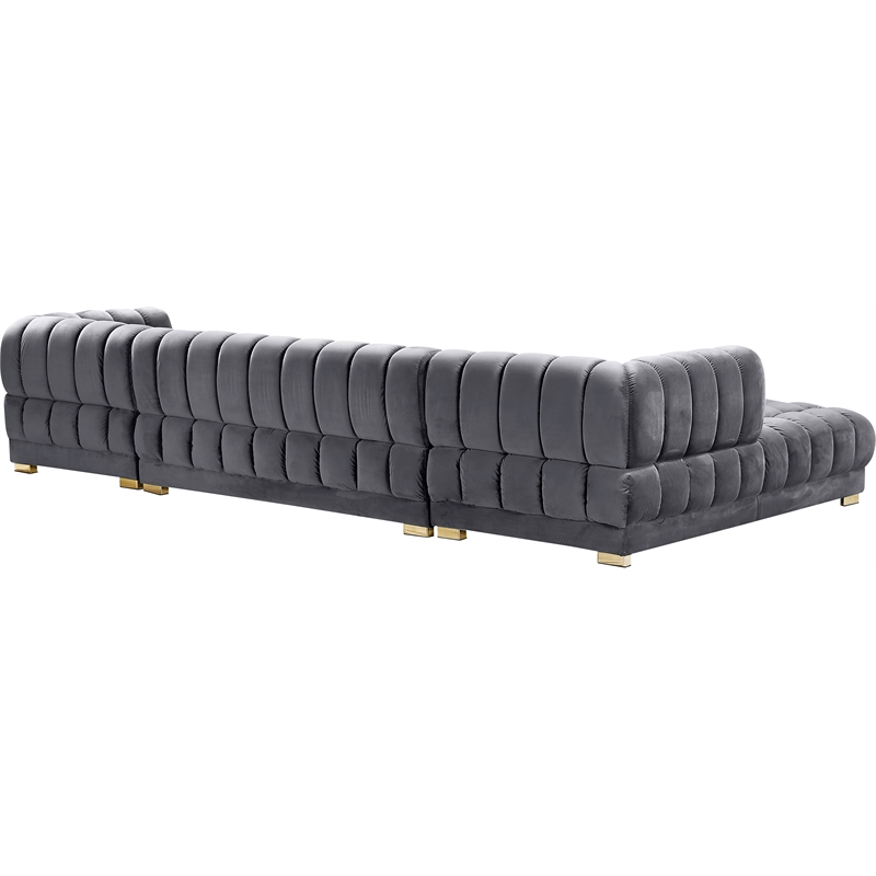Meridian Furniture Gwen 3-Piece Velvet Upholstered Sectional in Gray/Gold-Chrome