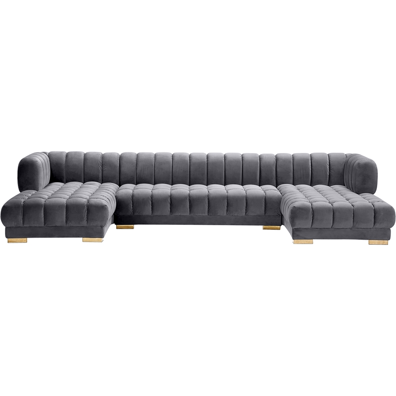 Meridian Furniture Gwen 3-Piece Velvet Upholstered Sectional in Gray/Gold-Chrome