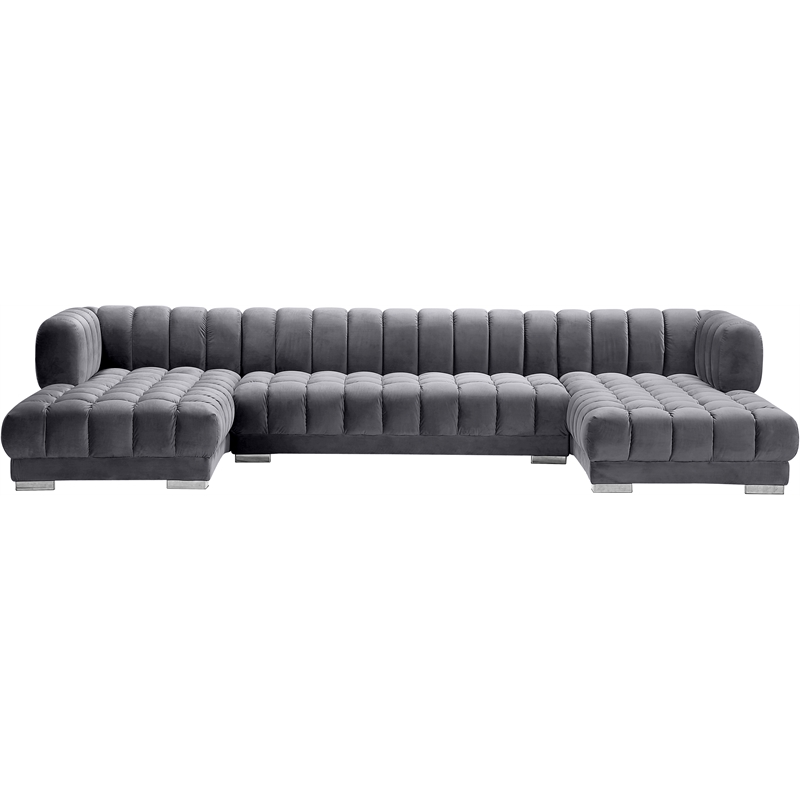 Meridian Furniture Gwen 3-Piece Velvet Upholstered Sectional in Gray/Gold-Chrome