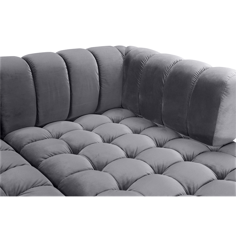 Meridian Furniture Gwen 3-Piece Velvet Upholstered Sectional in Gray/Gold-Chrome