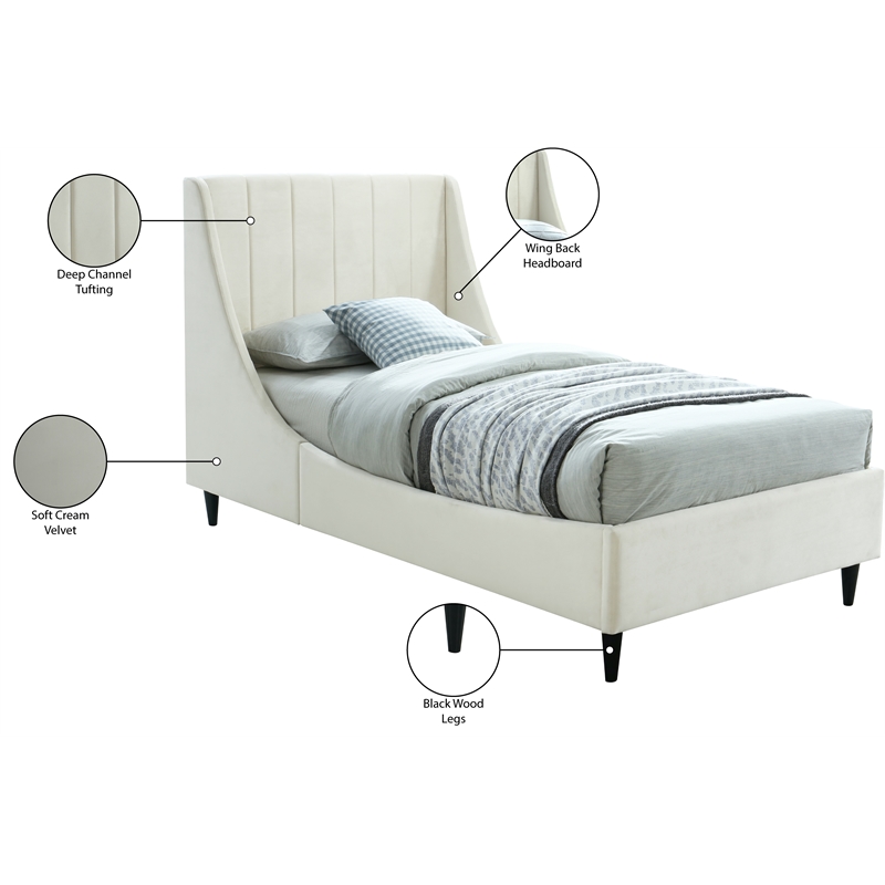 Meridian Furniture Eva Cream Velvet Upholstered Twin Bed