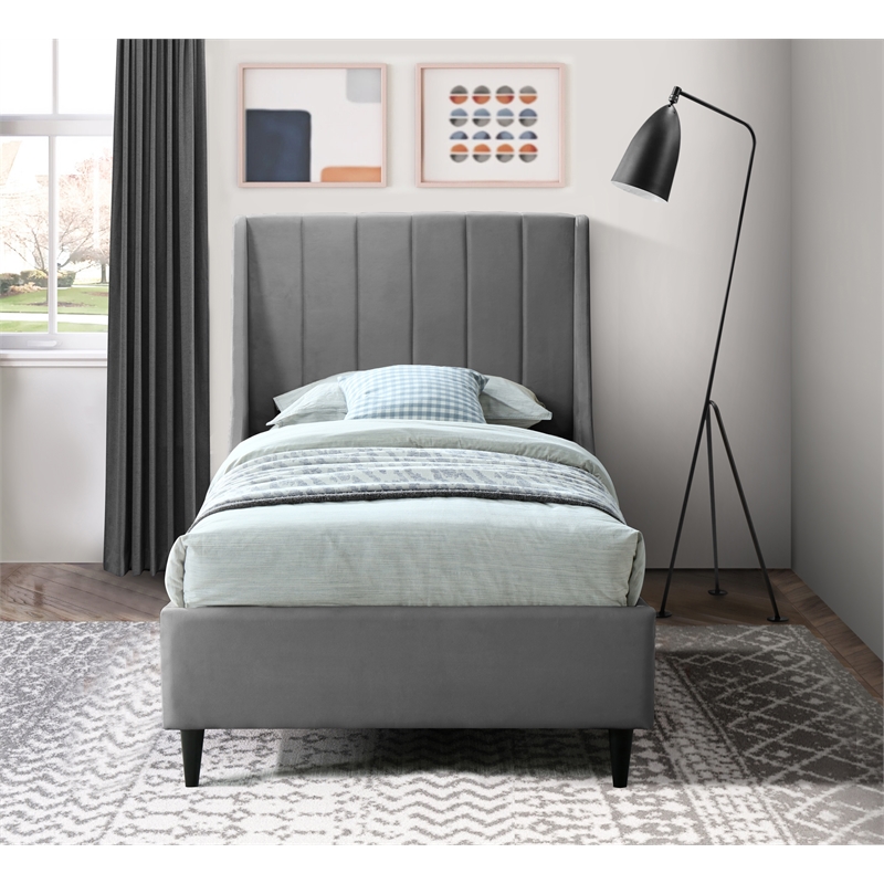 Meridian Furniture Eva Gray Velvet Upholstered Twin Bed