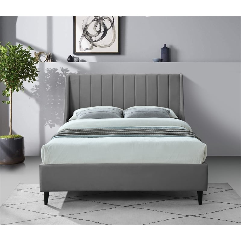 Meridian Furniture Eva Gray Velvet Upholstered Full Bed