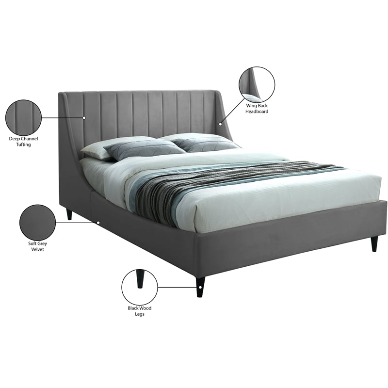 Meridian Furniture Eva Gray Velvet Upholstered Full Bed