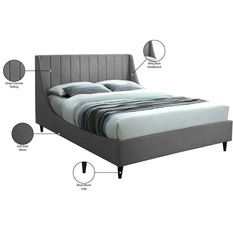 Meridian Furniture Eva Gray Velvet Upholstered Queen Bed
