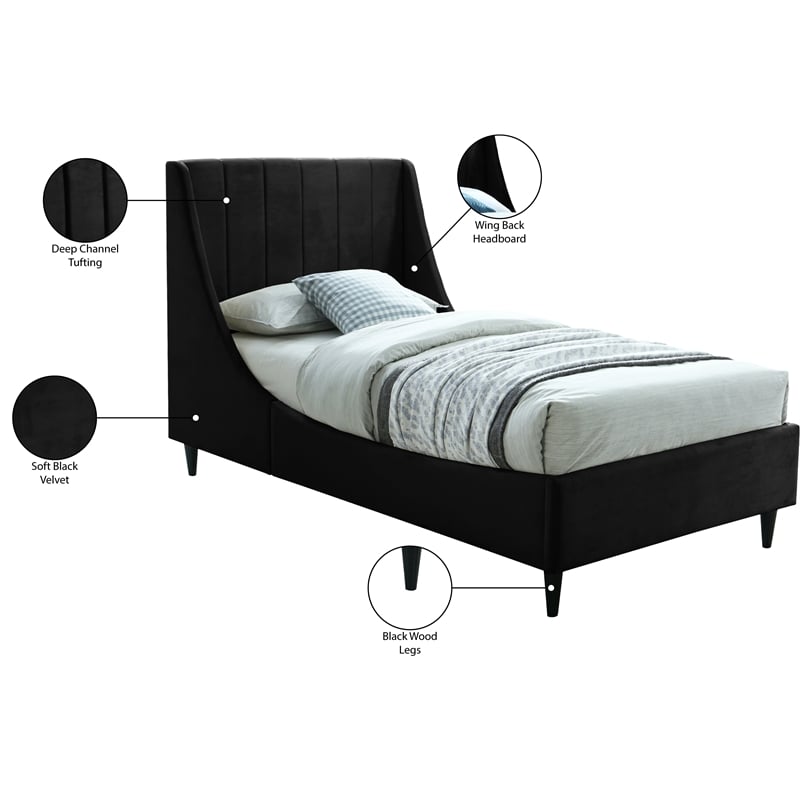 Meridian Furniture Eva Black Velvet Upholstered Twin Bed