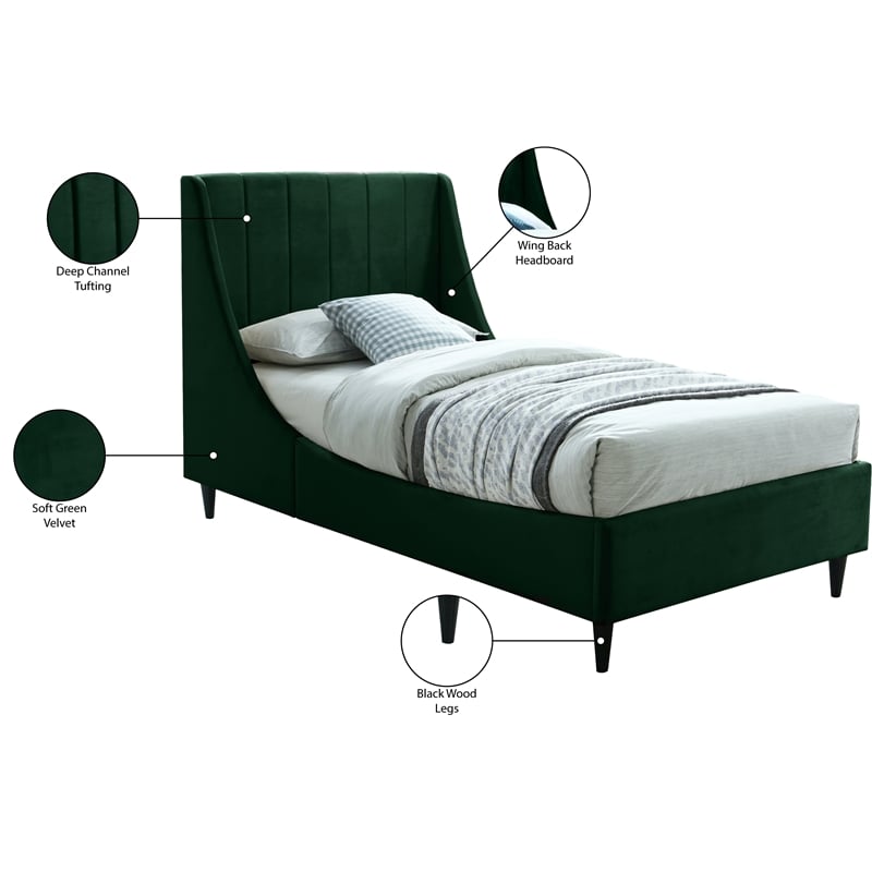 Meridian Furniture Eva Green Velvet Upholstered Twin Bed