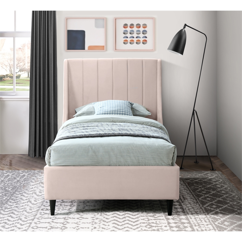 Meridian Furniture Eva Pink Velvet Upholstered Twin Bed