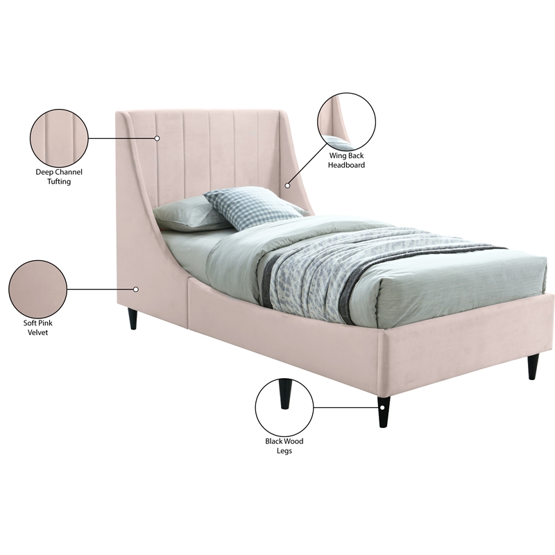 Meridian Furniture Eva Pink Velvet Upholstered Twin Bed