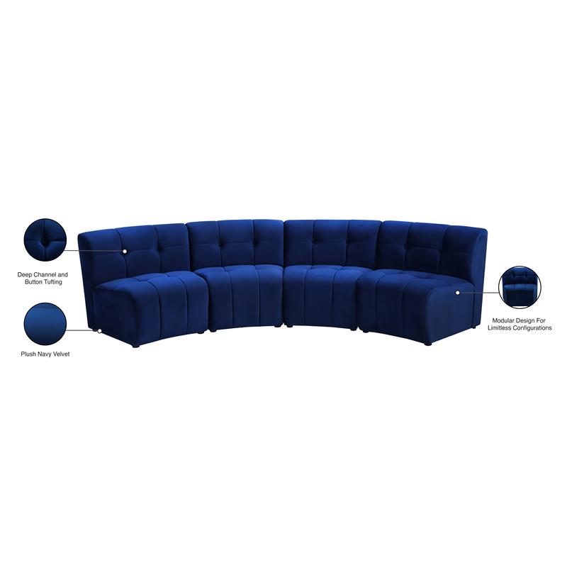 Meridian Furniture Limitless Navy Velvet Modular 4 Piece Sectional