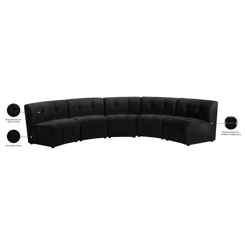 Meridian Furniture Limitless Black Velvet Modular 5 Piece Sectional