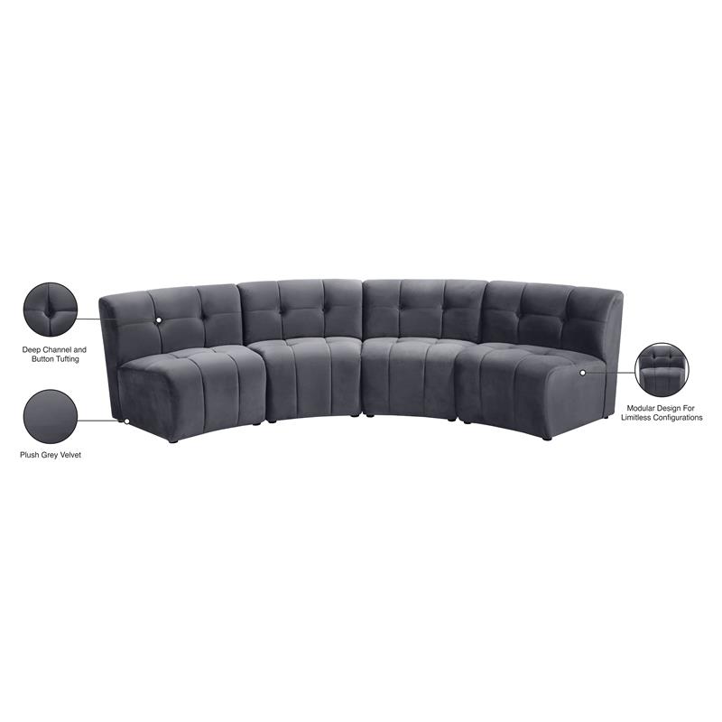 Meridian Furniture Limitless Gray Velvet Modular 4 Piece Sectional