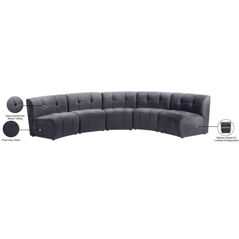 Meridian Furniture Limitless Gray Velvet Modular 5 Piece Sectional