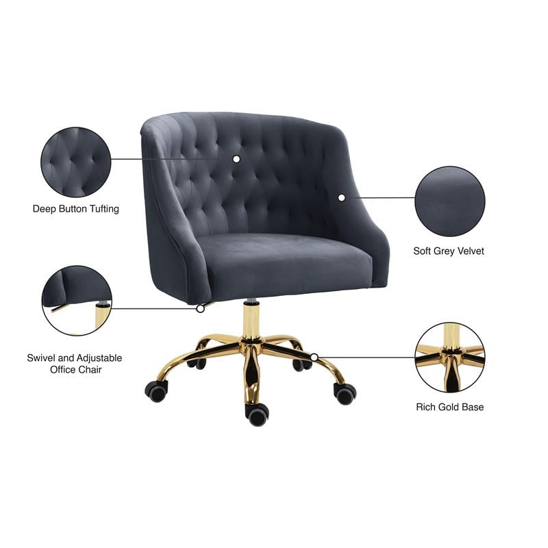 Meridian Furniture Arden Swivel Adjustable Gray Velvet and Gold Office Chair