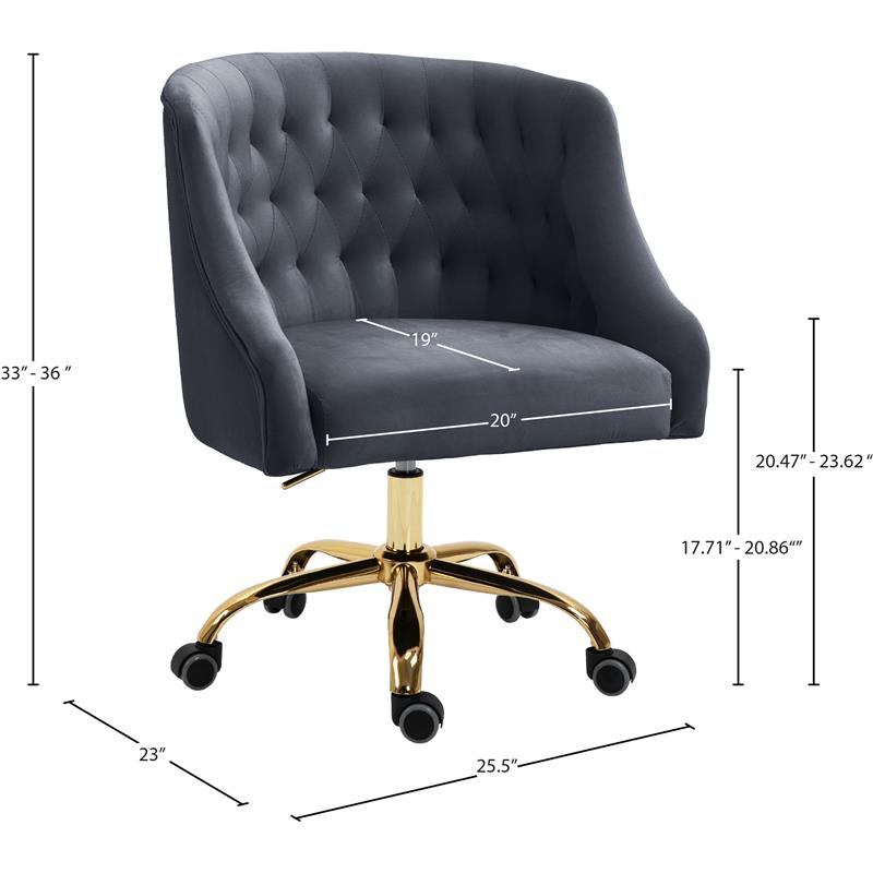Meridian Furniture Arden Swivel Adjustable Gray Velvet and Gold Office Chair