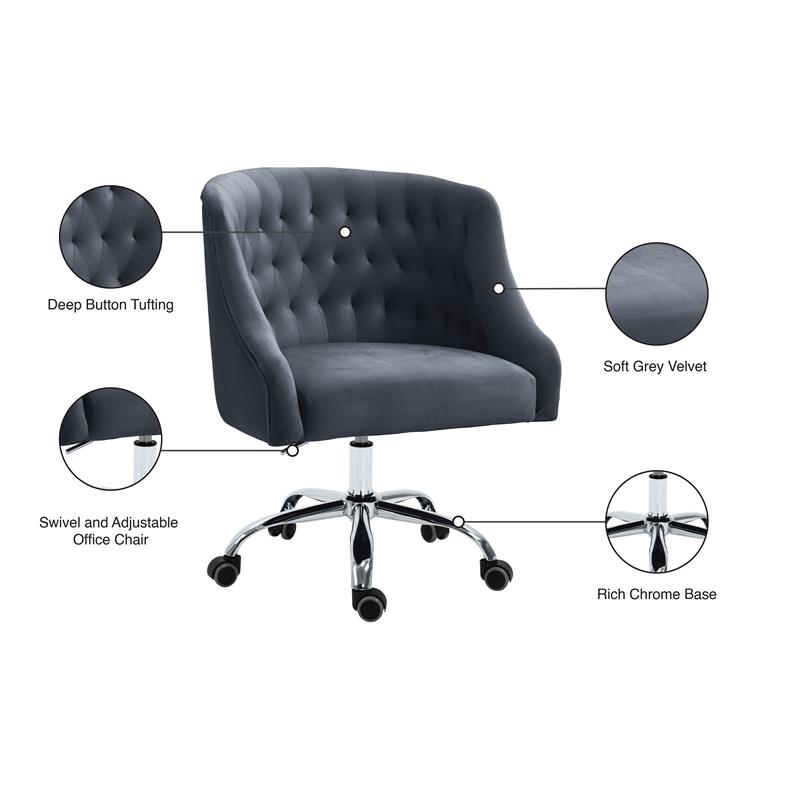 Meridian Furniture Arden Swivel Adjustable Gray Velvet and Chrome Office Chair
